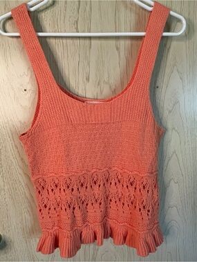 MINE Anthropologie Coral Sherbet Orange Knit Tank Ruffle Sz Medium